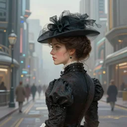 portrait of a victorian lady in a futuristic city, from behind, streets, beautiful, hat!, highly detailed, digital painting
