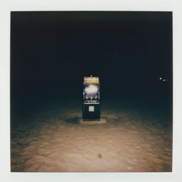 a distant slot machine in the middle of a desert at night, very dark, dark lighting, old polaroid, damaged film, expired film, slightly blurry, liminal space, surreal,