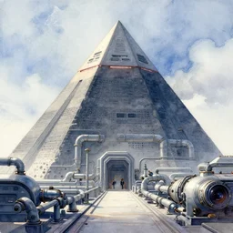 an atmospheric watercolour portrait of a scifi cinematic scene with a pyramid covered in industrial piping and foliage with glowing orbs, very muted colors, by rebecca guay, michael kaluta, charles vess and jean moebius giraud