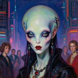 close up portrait of a fractal punk goth alien martian girl in a fluorescent cyberpunk futuristic city by mario testino, oil painting by canaletto hieronymus bosh leonardo da vinci piero della francesca botticelli