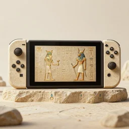 a 3 d render of nintendo switch made of stone in the ancient egyptian style, with ancient egyptian hieroglyphs, 3 d render, unreal engine 5, very realistic, 4 k textures, wide shot, full view