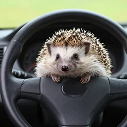 a hedgehog at the steering wheel