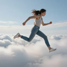 running and falling on clouds, 4k, post-processing, detailed, photorealistic imagery