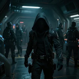 a stealthy cyberpunk spy sneaking past guards in a futuristic shanghai spaceship hangar in the background, busy, dark, cyberpunk, moody, ambient lighting, syd mead, artgerm, artstation, octane render
