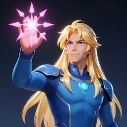 detailed photo of glowing blonde man with long hair, wearing blue future uniform, raising his right hand up to reveal seven pointed pink star, artstation, detailed