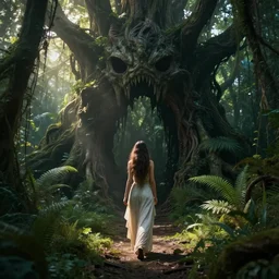 a goddess of beauty walking towards a ravenous, ominous portal to hades embedded in a creepy tree in a densely overgrown, magical jungle, fantasy, dreamlike sunraise, stopped in time, dreamlike light incidence, ultra realistic