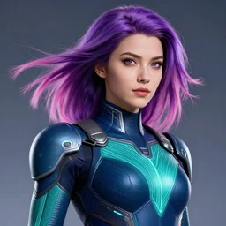 a stunning upper body portrait of a beautiful young woman wearing futuristic navy blue and teal battle bodyarmor with pauldrons and luminescent fine lines and ombre purple and pink hairstyle with hair blowing in the wind, by marvel comics, highly detailed, fine detail, intricate, digital art, trending on artstation