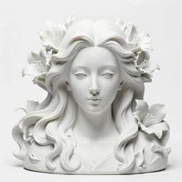 full head and shoulders, beautiful female porcelain sculpture by daniel arsham and raoul marks, smooth, all white features on a white background, delicate facial features, white eyes, white lashes, detailed white, lots of 3 d giant lillies in long massive flowing hair