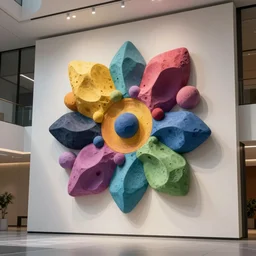 : colorful abstract hyperbolic fuzzy sculpture on the wall in modern architecture, cinematic lighting, hyper - realistic, detailed, render by c 4 d octane, unreal engine, 8 k 3 d render