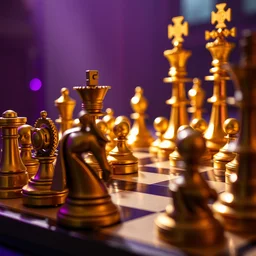 photo of a golden steampunk chess game, low angle, purple light from the left side, 1 8 mm, hyperrealistic, very detailed