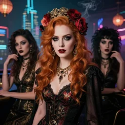 sophisticated gothic portrait of christina hendricks aubrey plaza kat denning 1 9 8 0 s flower power goth, very smoky cyberpunk paris bar, elegance, highly detailed, shallow depth of field, artstation, cyberpunk city background, artgerm, donato giancola and joseph christian leyendecker