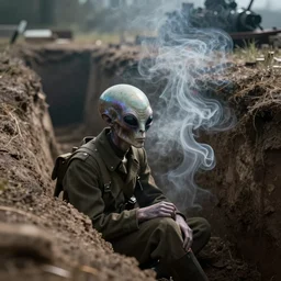 iridescent smoke, tilt shift wwi alien pondering over a dug out trench, dramatic light, zdzidaw, ultrafine, hyperrealistic, 3 2 k, 3 5 mm film still, movie