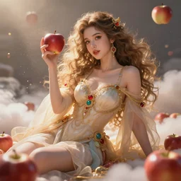 a beautiful female goddess of apples character, character is in all its glory, character is in her natural relaxed pose, rim lights, particles and dust in the air, fancy clouds, highly detailed professional photo, dynamic lights, particles are flying, depth of field, trending on artstation, illustration, hyper realistic, vray caustics, super detailed, colorful accents, cinematic shot