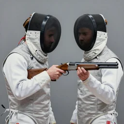 A painting of a man with a shotgun wearing a fencing mask, by Greg Rutkowski