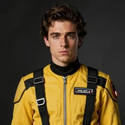 portrait of a man by greg rutkowski, he looks like oscar isaac, star wars expanded universe, he is about 3 0 years old, wearing yellow and black starfighter pilot uniform from the galactic triunvirate.