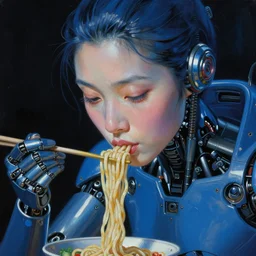 close - up shot, futuristic japanese sci - fi robot woman eating noodles. reflective textures. deep blue tones. black background. highly detailed science - fiction painting by norman rockwell, moebius, frank frazetta, syd mead, donato giancola. rich colors, high contrast. artstation