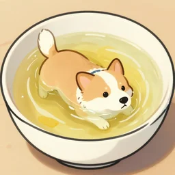 dog swimming in a bowl of soup, digital art