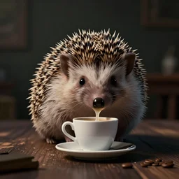 photorealistic render of a hedgehog drinking coffee in the morning, by wlop, artgerm, greg rutkowski, alphonse mucha, beautiful dynamic dramatic dark moody lighting, shadows, cinematic atmosphere, artstation, concept design art, octane render, 8 k