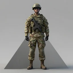 an sas soldier standing in a t-pose on the side of a triangular prisom, unreal engine