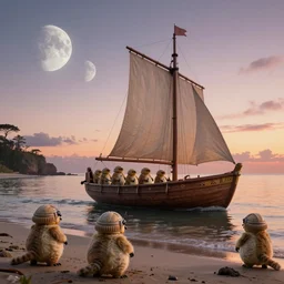 star wars ewoks, sailboat stuck at low tide, sunset, two moons in sky, star wars ewoks on beaches, ewoks launching boat, ewoks helping, ewoks