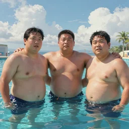 digital art painting of exactly three brothers and their slightly overweight father in a swimming pool , unreal 5, DAZ, hyperrealistic, octane render, volumetric clouds dynamic lighting