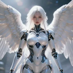 portrait art of white haired cyborg angel, 8k ultra realistic, lens flare, atmosphere, glow, detailed, intricate, full of colour, cinematic lighting, trending on artstation, 4k, hyperrealistic, focused, extreme details,unreal engine 5, cinematic, masterpiece