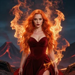 style artgerm, joshua middleton : : beautiful kristen bell with dark red dress, very long orange hair, symmetrical face, symmetrical eyes : : fire powers fire swirling : : [ detailed, volcano setting ] : : cinematic lighting : :