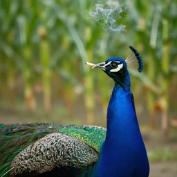 a peacock smoking cigarettes in a cornfield