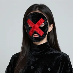 female portrait of a girl all dressed in black, rita blacks mass on her face black velvet fabric and red x - sense, highly detailed, white accents. by wlop, tooth wu, greg rutkowski, alena aenami