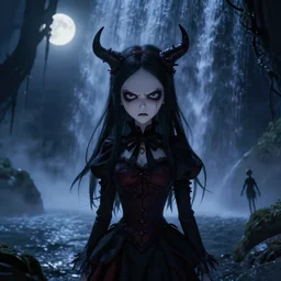 full shot portrait of angry darkness cute anime girl under waterfall at moonlight, gothic wearing, inspired by Tim Burton, Norihiro Yagi, Marc Simonetti, Amano, Juri Misaki, detailed, unreal engine 4k volumetric light, fog,