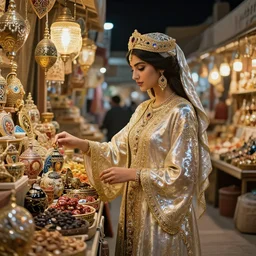 a young arabian lady shopping at a desert spice market at night, shiny, fantasy, intricate, elegant, hyper detailed, ultra definition, photoreal, artstation, unreal engine rendered, concept art, smooth, sharp focus, illustration, art by artgerm and greg rutkowski and alphonse mucha and garis edelweiss
