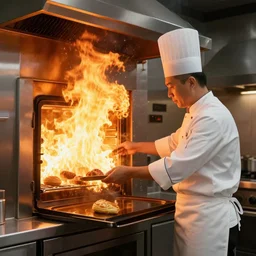 pastry chef with exploding oven in fire