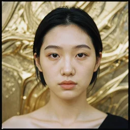 Hyper realistic portrait of a single goddess, ((gold fluid simulation in the background)), Hyper realistic film photography by Yohji Yamamoto, Zeiss 50mm f1.8, Hasselblad, insanely detailed, sharp focus