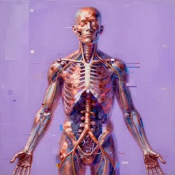 a beautiful glitched painting by robert proch of a glitched anatomy study of the human nervous system, color bleeding, pixel sorting, copper oxide material, brushstrokes by jeremy mann, studio lighting, pastel purple background, square glitches