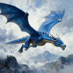 huge blue dragon in flight by plutus su and chris scalf and lucas graciano and billy christian and alex konstad and mark zug, mountains, blue and white color palette, painting, d & d, fantasy, detailed, realistic, complimentary colors, light, artstation, cinematic, dramatic lighting, close up, storm clouds, hudson river school