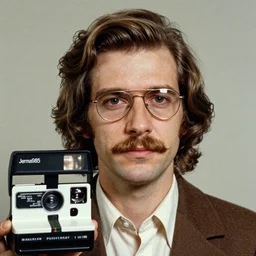 A photograph portrait of Jerma985 with medium length wavy hair, a combover, navigator glasses, and a mustache, and wearing late 1970s menswear in the late 1970s, taken in the late 1970s, grainy, taken on a 1970s Polaroid Camera, realistic, hyperrealistic, very realistic, highly detailed, very detailed, extremely detailed, detailed, digital art, trending on artstation, colorized photo, colored photo