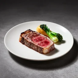 a plate of perfectly cooked wagyu steak and vegetables