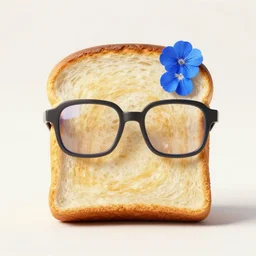 a bread toast wearing eyeglasses and a blue flower, octane render