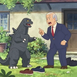 Still from a slice of life animé based on the domestic life of hetero life mates Mechagodzilla and Joe Biden depicting a hilarious misunderstanding between the two over a pair of shoes left in the garden of their home. Circa 1975