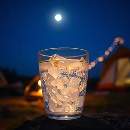 [ a cup of sparkling water ], cup of ( water and shiny crystals ), highly detailed, dusk, moon light, campsite, hdr, backlit, ( dramatic angle ), 8 k, [ f 2 0 ], 1 5 mm