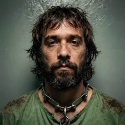 closeup prison mugshot of shaggy, dramatic lighting, dirty green clothes, neck shackle, low saturation, somber expression, beardless, smooth face, soft vignette, soft focus, 5 0 mm, 4 k, scooby doo screenshot, photograph by annie leibovitz