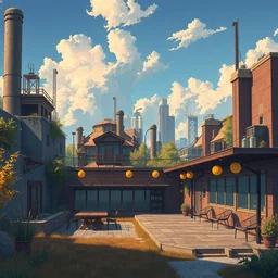 a beautiful very detailed illustration of patios and deck building unfinished building architecture city nature urbex industrial architecture by peter doig, anime meadow uv light fantasy at fall nature, archdaily, wallpaper, highly detailed, trending on artstation.