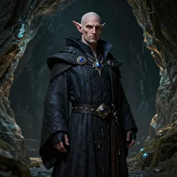 ( ( ( ( ( hyperrealist portrait of an male dark elf in wizard robes in a gem cave. ) ) ) ) ) by daniel f. gerhartz, fantasy, photorealistic, octane render, unreal engine, dynamic lighting, bet face, handsome drow, beautiful, perfect factions, perfect drow, trending on artstation, poster, volumetric lighting, very detailed faces, 4 k, award winning