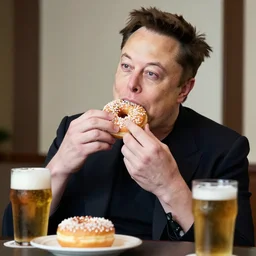 Elon Musk eating donuts and drinking beer
