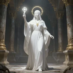A white priestess is conjuring a spell inside the ancient and mythical temple. By Rembrandt and artstation trending