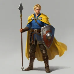 highly detailed concept art of a rugged young knight with blonde hair and blue eyes and a short beard  wearing a blue shirt and a yellow cape and leather boots holding a shield and a warpick, by Tony Sart, concept art, realistic, masterpiece, ArtStation