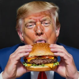 realistic painting by jenny saville of!! donald trump!! licking a! cheeseburger!, art by jenny saville and tom bagshaw, detailed, sharp, smooth,! hamburger!
