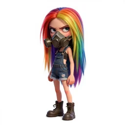 a grungy pixar woman with rainbow hair, drunk, angry, soft eyes and narrow chin, dainty figure, long hair straight down, torn overalls, short shorts, combat boots, gasmask, basic white background, side boob, symmetrical, single person, style of by jordan grimmer and greg rutkowski, crisp lines and color,