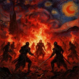 battle of mordor by van gogh. red and black. fire.