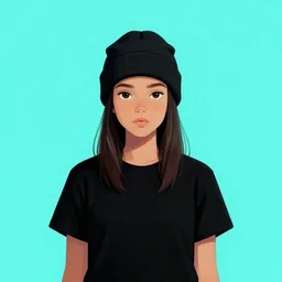 digital art, portrait, girl wearing a beanie and black t - shirt, flat cyan background, centered, trending on artstation, gorillaz ( band ), art by jamie hewlett
